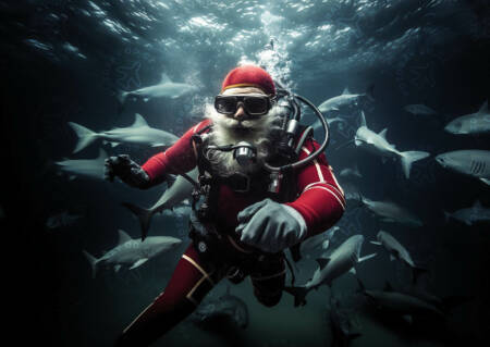 Vánoční přání Santova se potápí se žraloky